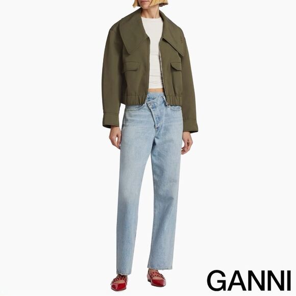 GANNI **NWT** Kalamata Green Heavy Twill Wide Collar Short Jacket - Picture 7 of 15